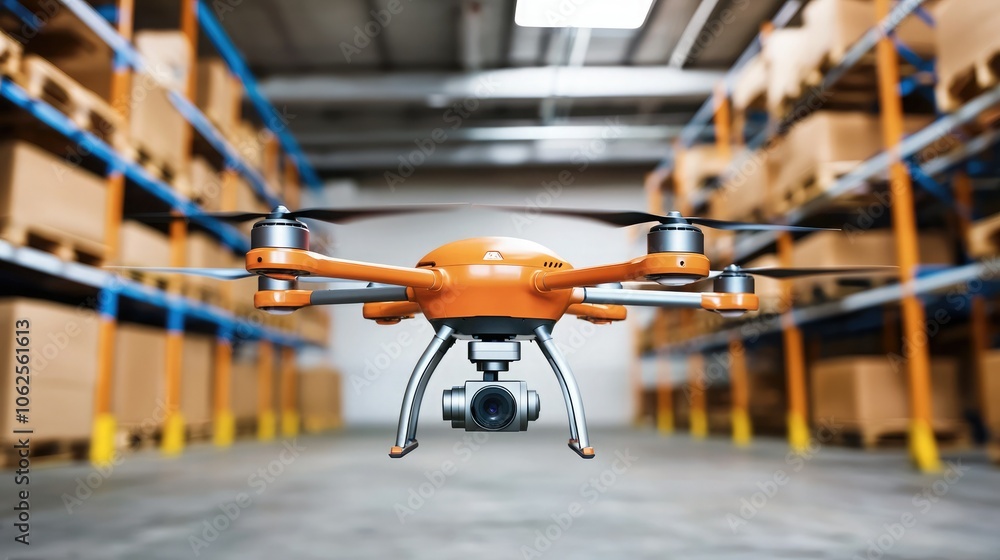 An orange drone hovers in a warehouse filled with stacked cardboard boxes, showcasing a modern approach to logistics and inventory management. An orange drone hovers in a warehouse filled with stacked cardboard boxes, showcasing a modern approach to logistics and inventory management.