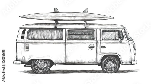 A hand-drawn illustration of a classic vintage van with a surfboard on top, captured in retro style. The van's design emphasizes nostalgic elements, with curved lines and vibrant colors 