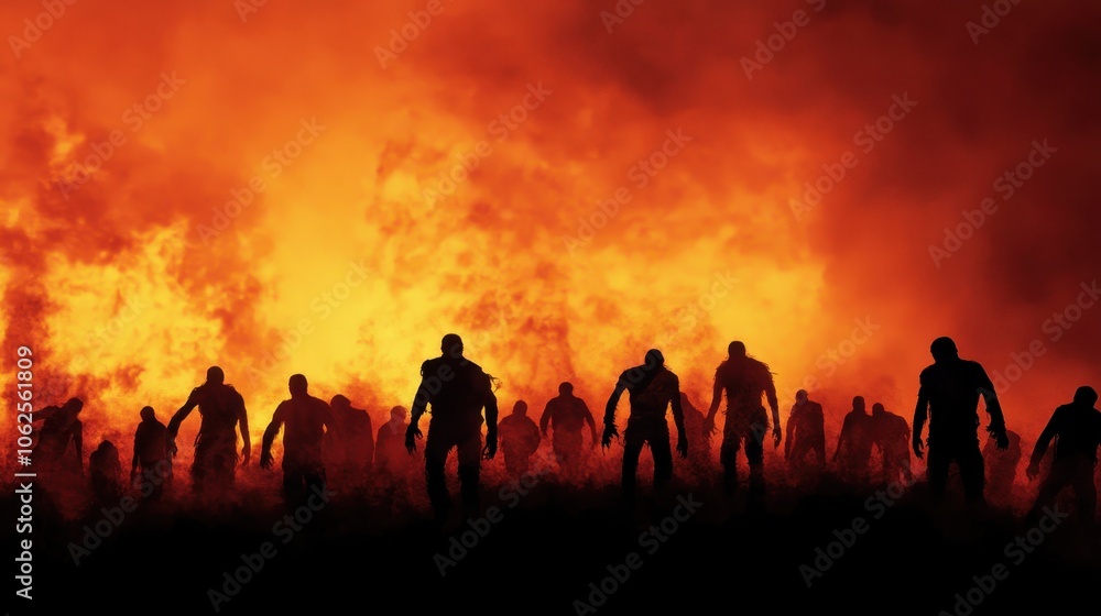 A dramatic silhouette of figures against intense flames creates a chaotic scene. striking imagery captures destruction and survival, ideal for horror themes and thrilling narratives. A dramatic silhouette of figures against intense flames creates a chaotic scene. striking imagery captures destruction and survival, ideal for horror themes and thrilling narratives.