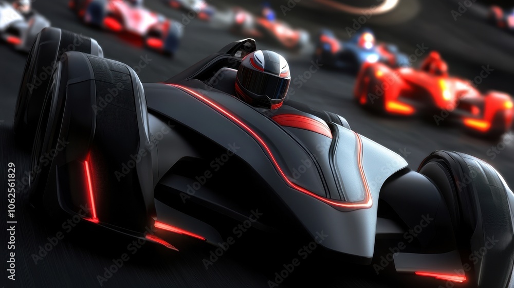 A dynamic image of futuristic racing cars on a sleek dark track. A matte black car with red accents leads, surrounded by colorful competitors, conveying speed and excitement. A dynamic image of futuristic racing cars on a sleek dark track. A matte black car with red accents leads, surrounded by colorful competitors, conveying speed and excitement.