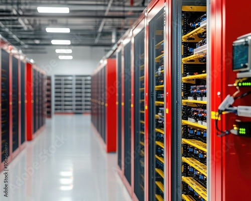 A modern data center featuring server racks with yellow and silver components, illuminated by bright overhead lights in a spacious setting. photo