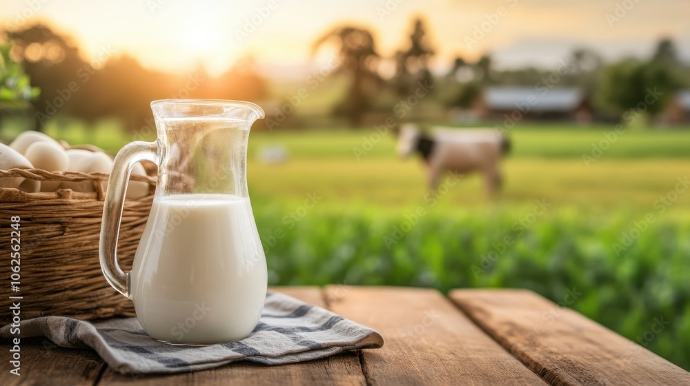 A peaceful rural a glass pitcher of fresh milk on a rustic table, accompanied by a basket of farm-fresh eggs, a grazing cow, and a warm sunset over lush fields. A peaceful rural a glass pitcher of fresh milk on a rustic table, accompanied by a basket of farm-fresh eggs, a grazing cow, and a warm sunset over lush fields.
