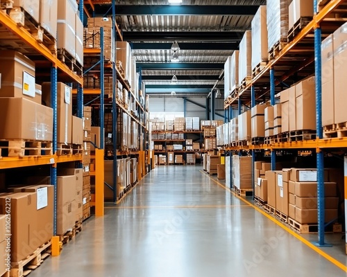 A spacious warehouse featuring neatly stacked cardboard boxes on orange shelving, with clear pathways for storage efficiency.