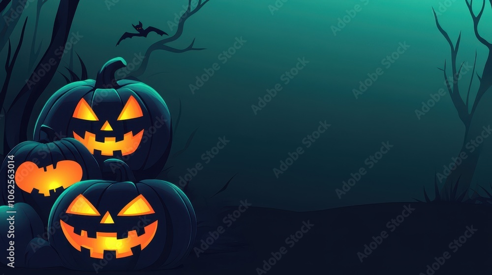 vibrant digital illustration captures Halloween with three uniquely carved jack-o'-lanterns glowing against an eerie backdrop, complete with silhouetted branches and a flying bat. vibrant digital illustration captures Halloween with three uniquely carved jack-o'-lanterns glowing against an eerie backdrop, complete with silhouetted branches and a flying bat.