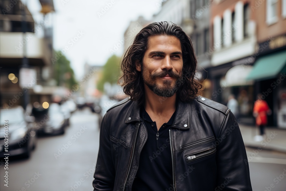 Portrait of a handsome bearded man in a leather jacket on the street Portrait of a handsome bearded man in a leather jacket on the street