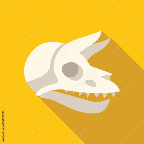 Protoceratops dinosaur skull fossil representing extinct animal life from prehistoric times, isolated on vibrant yellow background photo