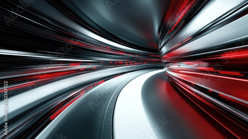 Abstract Curved Tunnel with Red and Gray Stripes