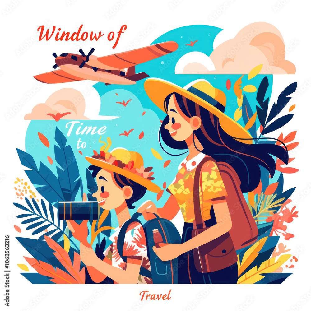 Summer Travel Illustration: A Couple Exploring a Tropical Paradise Summer Travel Illustration: A Couple Exploring a Tropical Paradise