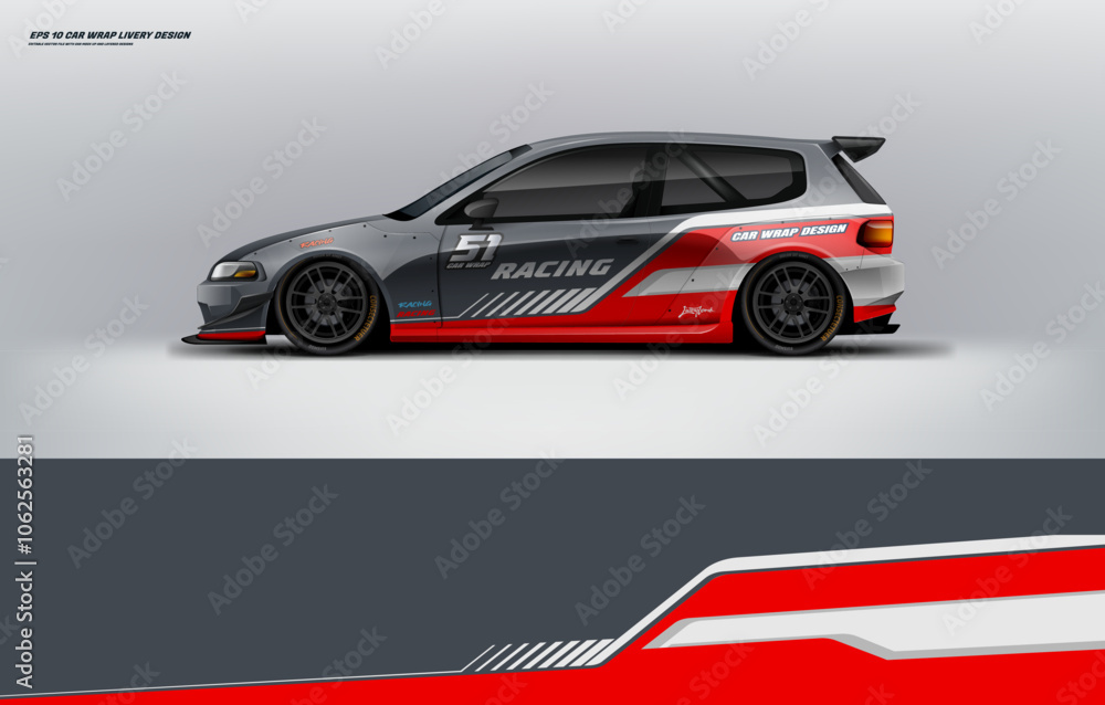 Car branding mockup with racing wrap decal or livery design, Hatchback wrap design with red black color and background. Hatchback and sedan vector ready print printable file Car branding mockup with racing wrap decal or livery design, Hatchback wrap design with red black color and background. Hatchback and sedan vector ready print printable file