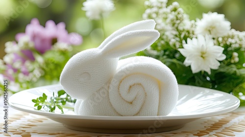 Whimsical Towel Rabbit on a Plate with Flowers