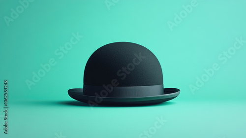 Bowler hat on teal. Minimalist headwear, perfect for fashion, style, or vintage visuals. photo