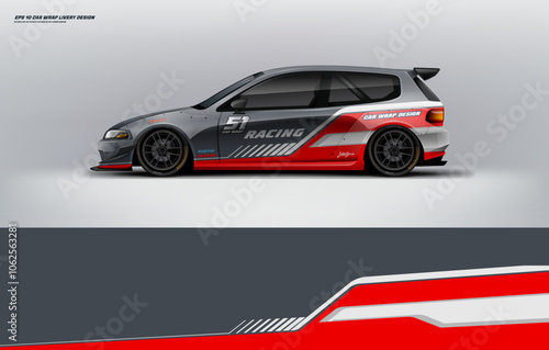Car branding mockup with racing wrap decal or livery design, Hatchback wrap design with red black color and background. Hatchback and sedan vector ready print printable file
