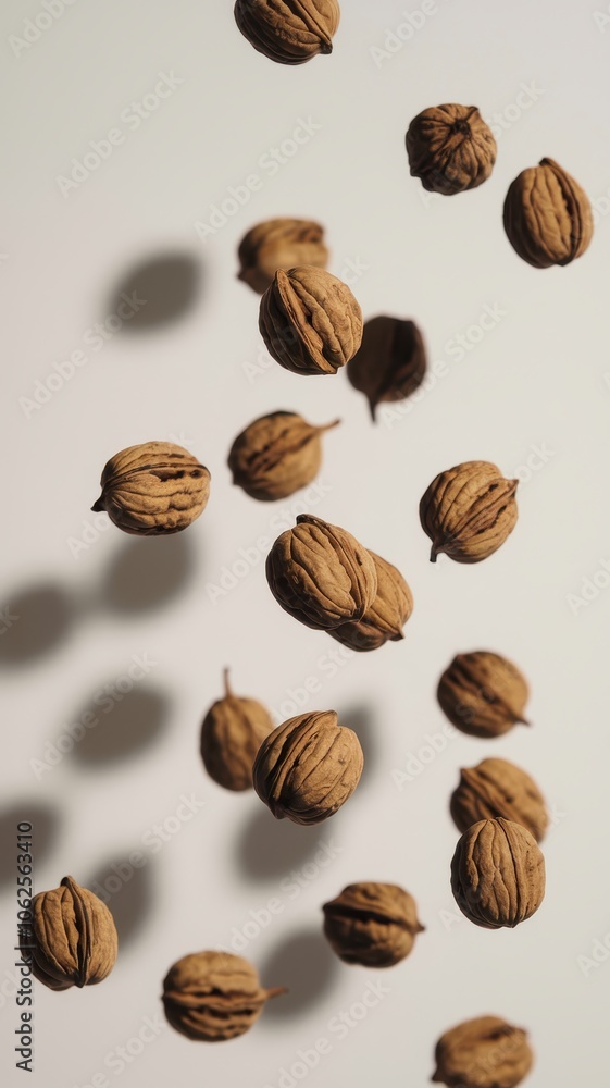 Collection of Whole Walnuts Scattered on Light Gray Background Collection of Whole Walnuts Scattered on Light Gray Background