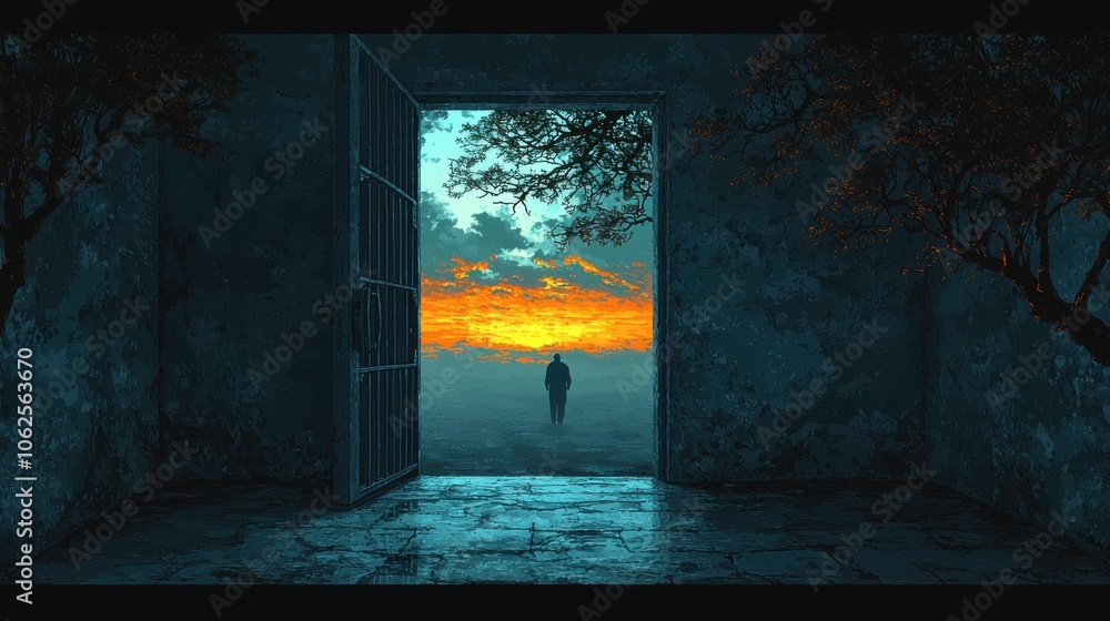 A man walks through a doorway to a sunset. A man walks through a doorway to a sunset.