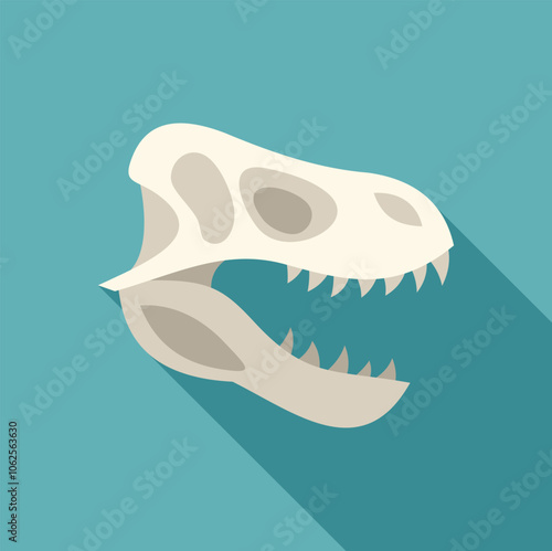 Side view of a tyrannosaurus rex skull fossil, highlighting its menacing teeth and bone structure, set against a vibrant blue backdrop