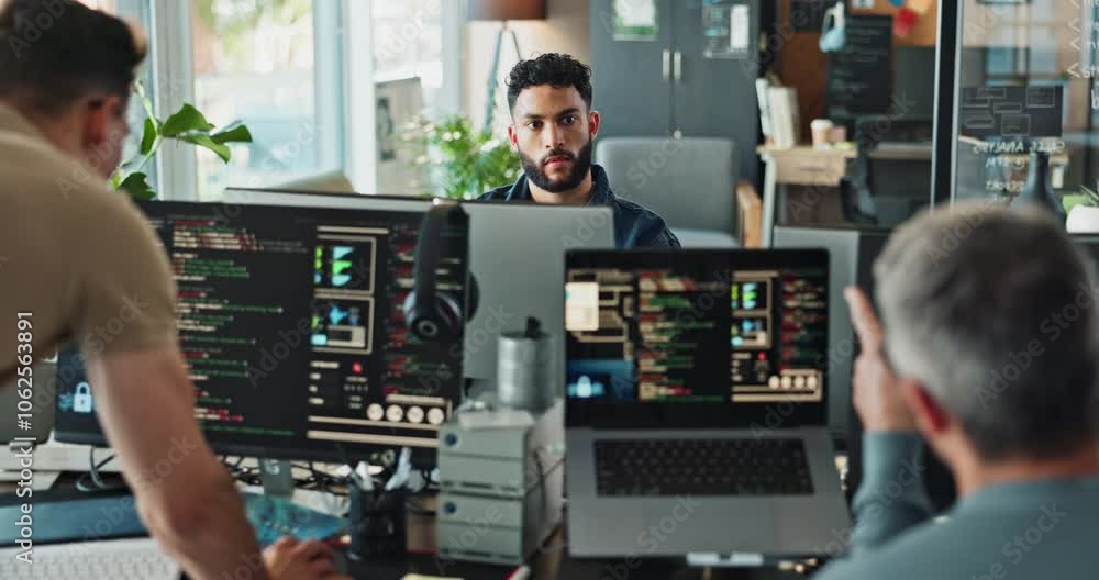 Business people, computer and screen for coding, programming and software development with collaboration. Programmer, tech and ux system design for project management, teamwork and cyber security