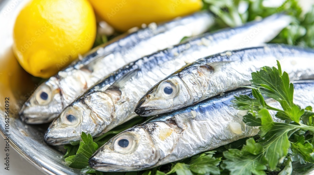 Fresh Fish with Lemons and Herbs on a Plate Fresh Fish with Lemons and Herbs on a Plate