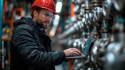 Wallpaper Mural A man wearing a red hard hat and safety glasses is using a laptop to monitor a large industrial system. Torontodigital.ca