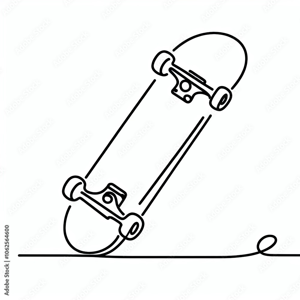 This line drawing showcases a skateboard elegantly positioned on its tail, emphasizing balance and simplicity in a black and white design This line drawing showcases a skateboard elegantly positioned on its tail, emphasizing balance and simplicity in a black and white design