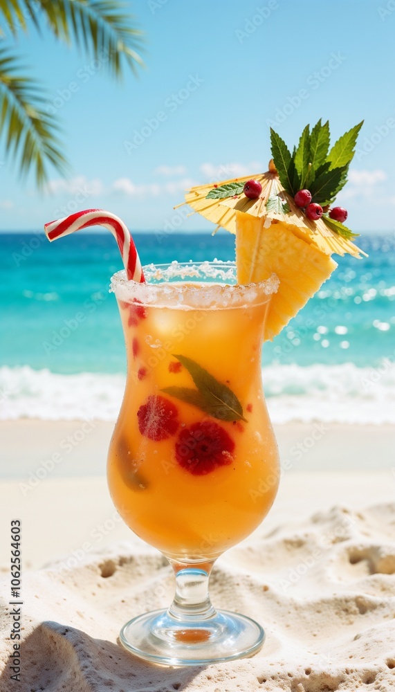 Tropical Christmas Cocktail – close-up, photorealistic view of a Christmas-themed cocktail with tropical fruits, decorated with a candy cane, and a small umbrella with holly berries. Tropical Christmas Cocktail – close-up, photorealistic view of a Christmas-themed cocktail with tropical fruits, decorated with a candy cane, and a small umbrella with holly berries.
