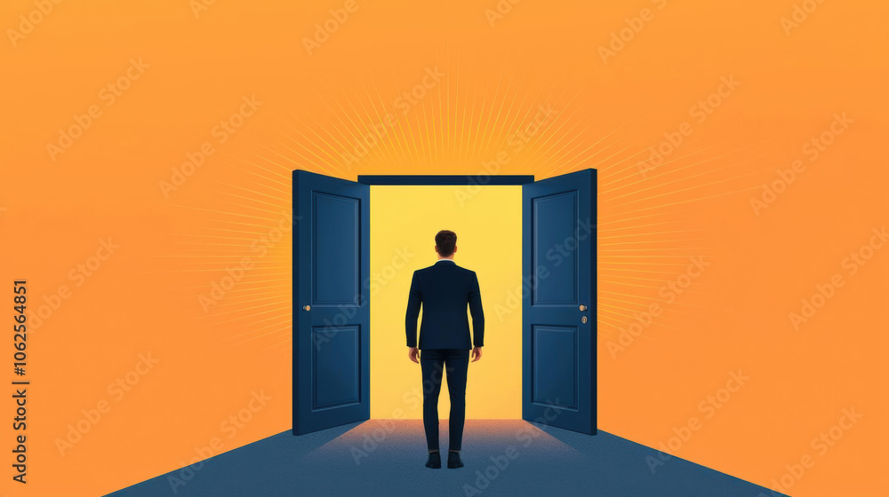 A silhouette of a man standing before an open door, symbolizing new opportunities against a vibrant orange background. A silhouette of a man standing before an open door, symbolizing new opportunities against a vibrant orange background.