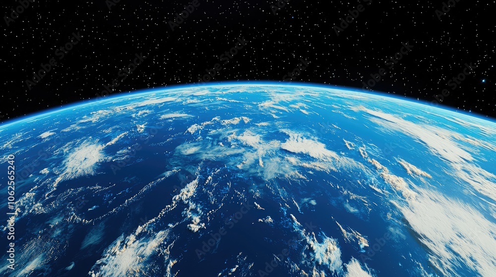 Obraz premium A vibrant view of Earth from space, showcasing its blue oceans, white clouds, and starry background, highlighting the beauty of our planet.
