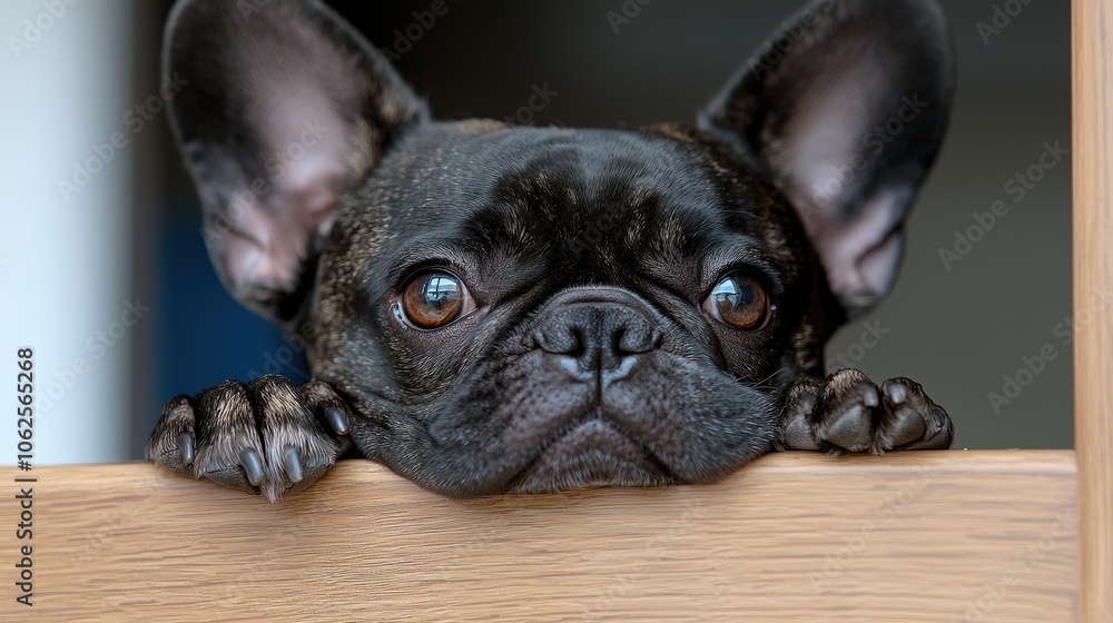 Cute French Bulldog Puppy Dog Looking Out From Behind Wooden Door Cute French Bulldog Puppy Dog Looking Out From Behind Wooden Door