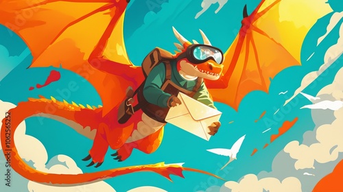 Whimsical Cartoon Dragon Delivering Mail
