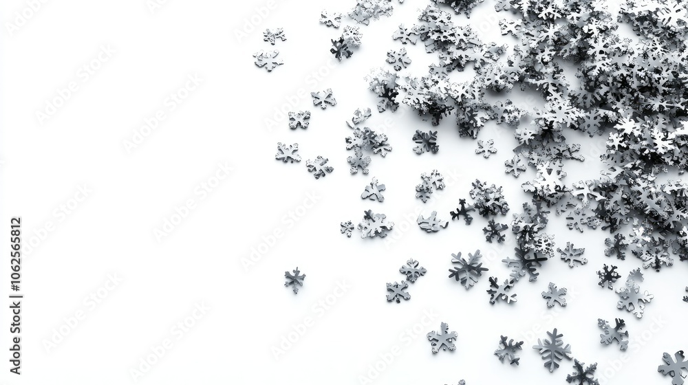Abstract snowflake shapes scattered over a white background, room for copy Abstract snowflake shapes scattered over a white background, room for copy
