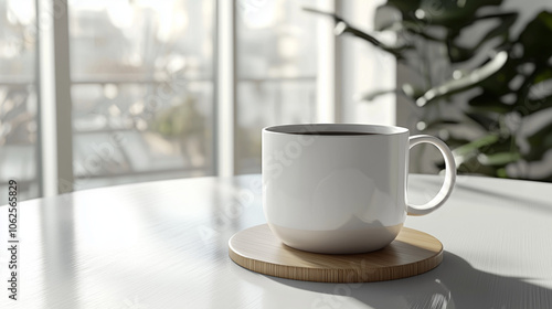 Wallpaper Mural Minimalist scene of a white coffee mug on a wooden coaster, with soft natural light streaming in from a large window and blurred greenery in the background Torontodigital.ca