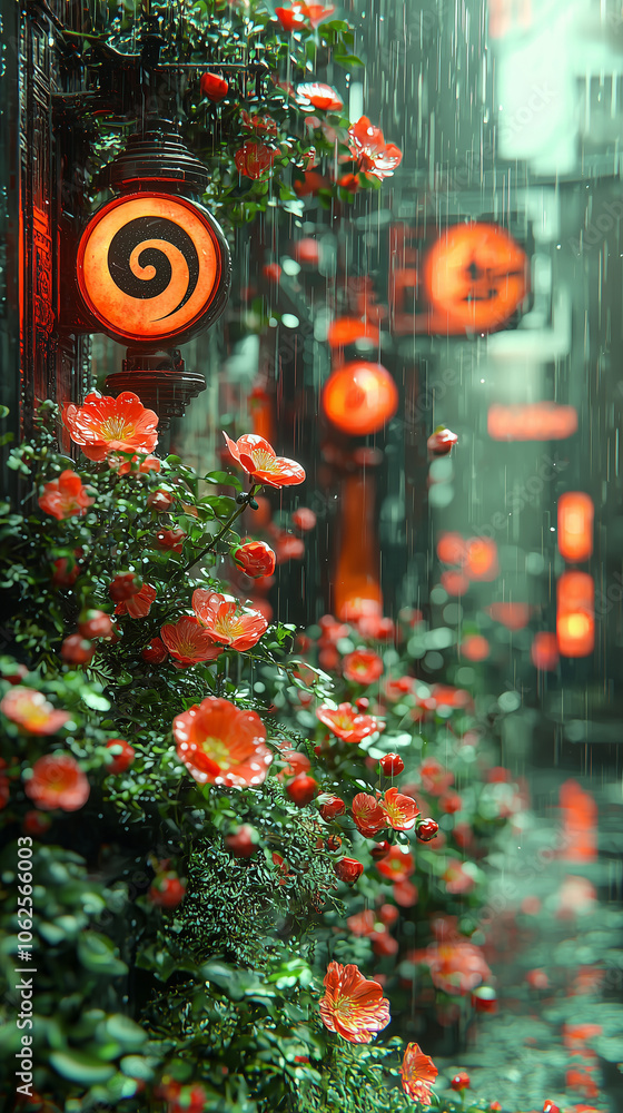 custom made wallpaper toronto digitalVibrant red flowers in a rainy street adorned with glowing lanterns, evoking a serene urban scene