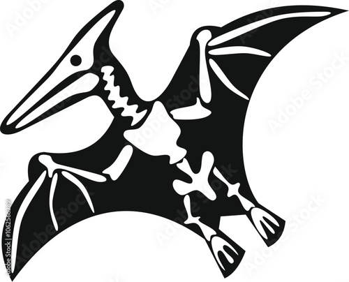 Black and white illustration of a pterodactyl skeleton soaring through prehistoric skies