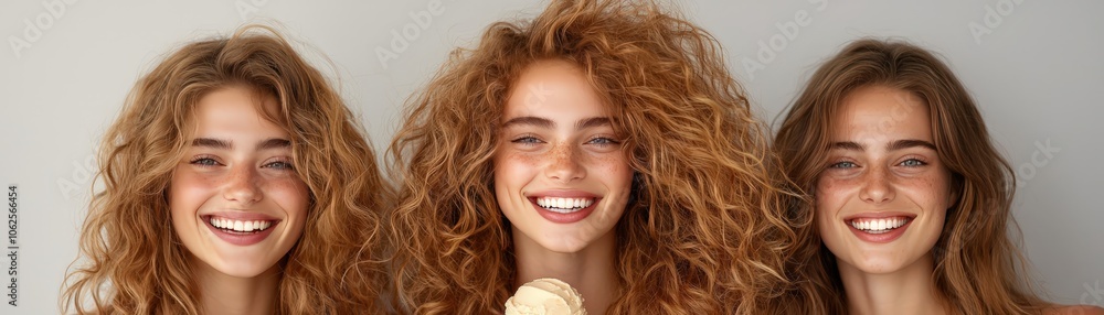 Three Beautiful Women with Curly Hair Smiling Close Up Portrait Three Beautiful Women with Curly Hair Smiling Close Up Portrait