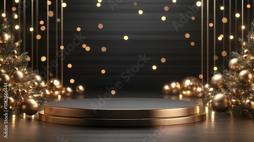 Festive Black and Gold Christmas Product Display with Ornaments and Lights