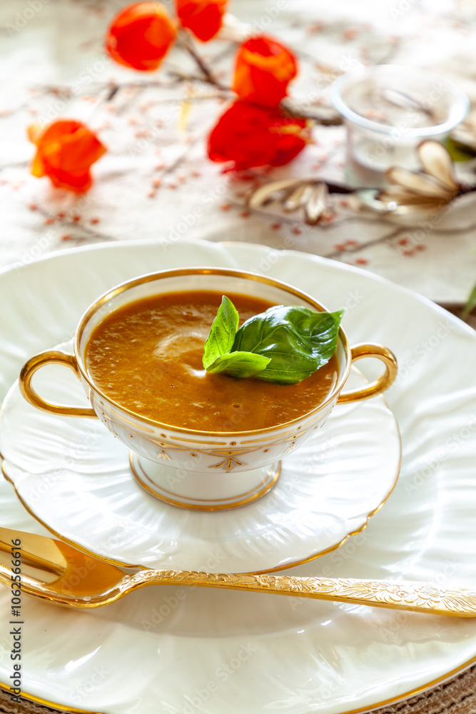 Orange pumpkin and ginger soup served on gold rimmed white fine China plates Orange pumpkin and ginger soup served on gold rimmed white fine China plates
