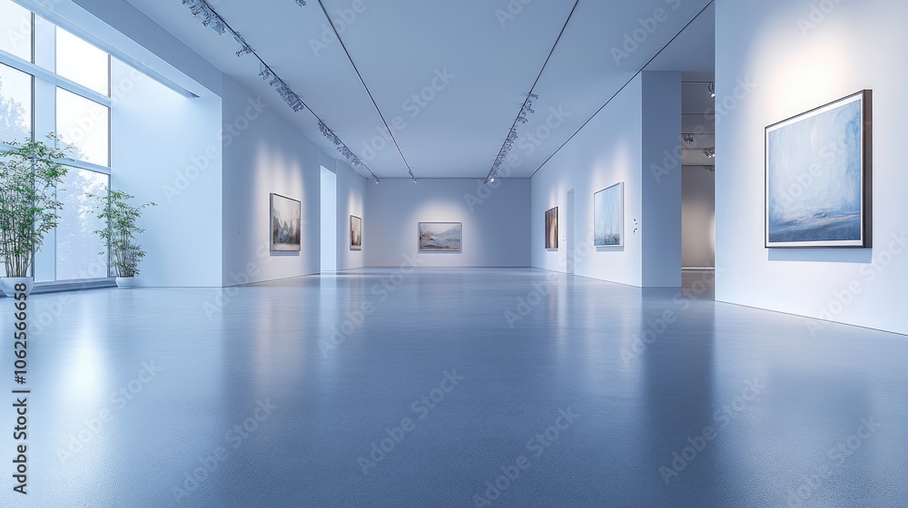 Contemporary Art Gallery Interior with Minimalist Design and Natural Lighting Showcasing Modern Paintings on White Walls Contemporary Art Gallery Interior with Minimalist Design and Natural Lighting Showcasing Modern Paintings on White Walls