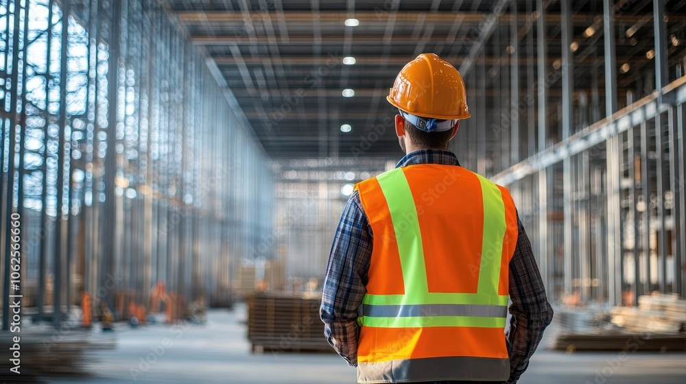 Construction Worker in Safety Gear Observing Progress in Modern Industrial Building Site with Steel Framework Construction Worker in Safety Gear Observing Progress in Modern Industrial Building Site with Steel Framework