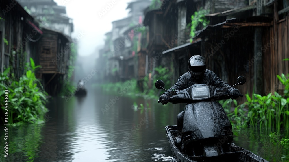 Obraz premium Rainy Day Scooter Ride Through Watery Village