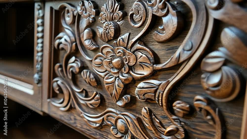 Intricate floral carving decorates the side of a dark wooden cabinet Intricate floral carving decorates the side of a dark wooden cabinet