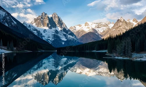 Snow-capped mountains reflected in a calm lake.