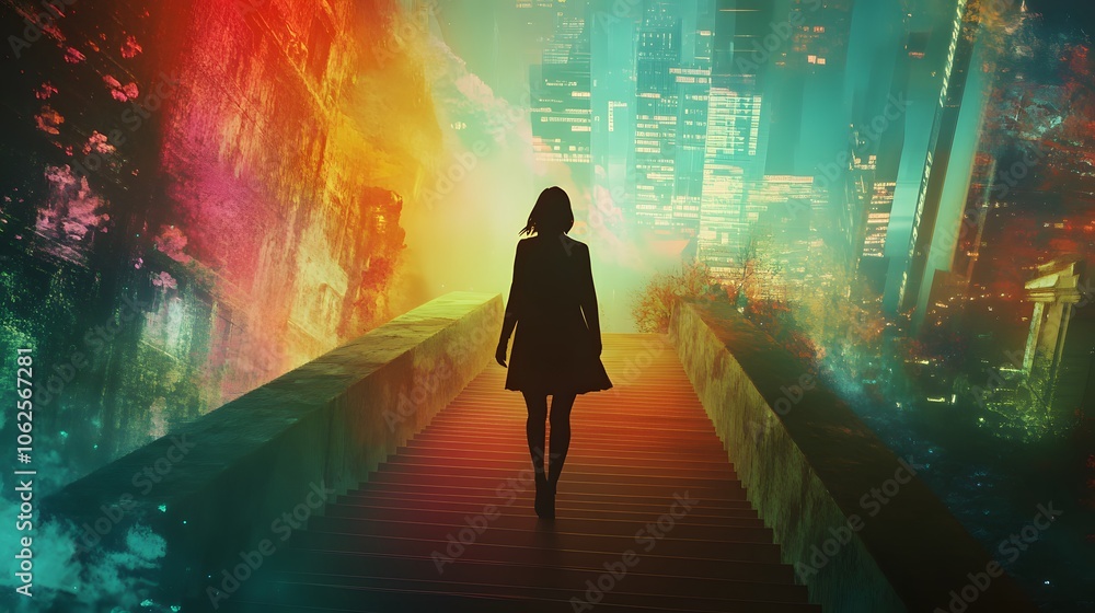Lifestyle photo of a woman walking down a 3D staircase into a 2D illustrated world, transitioning seamlessly between dimensions, 4k resolution Lifestyle photo of a woman walking down a 3D staircase into a 2D illustrated world, transitioning seamlessly between dimensions, 4k resolution