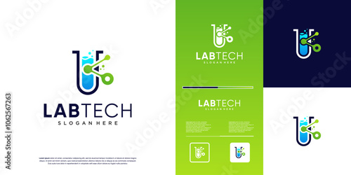 lab logo analysis, technology digital symbols, chemicals, graphic template illustration.