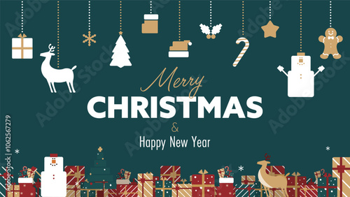 クリスマスオーナメントとプレゼントボックスで飾られたクリスマスの背景テンプレート（緑）　Christmas background template decorated with Christmas ornaments and gift boxes (green)