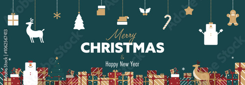 クリスマスオーナメントとプレゼントボックスで飾られたクリスマスのバナー背景テンプレート（緑）　Christmas banner background template decorated with Christmas ornaments and gift boxes (green)