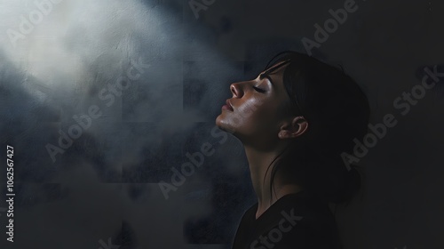 Lifestyle photo of a woman in a dark room with a single spotlight highlighting her profile, casting dramatic shadows, 4k resolution