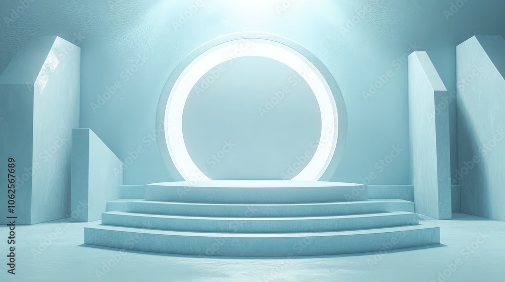 Fototapeta premium Abstract Minimalist Blue Platform with Circular Frame and Spotlight