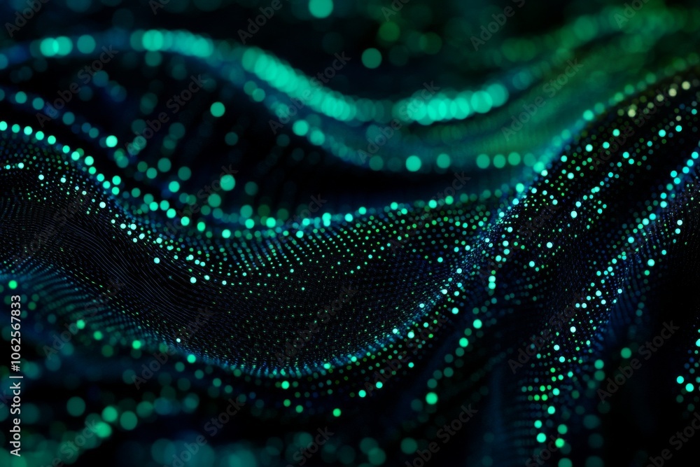Abstract wave of glowing dots, dark background with green and blue hues.