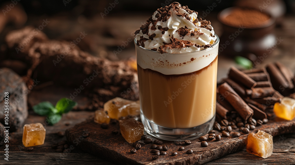 Delicious coffee drink topped with whipped cream and chocolate shavings in a glass Delicious coffee drink topped with whipped cream and chocolate shavings in a glass