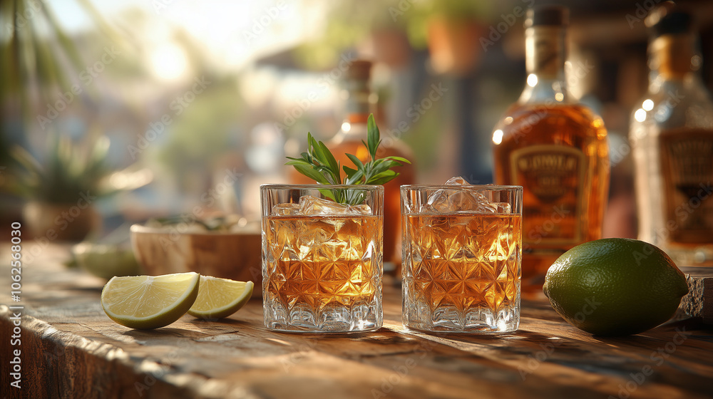 Refreshing tequila drinks served with ice and lime wedges on a rustic wooden table Refreshing tequila drinks served with ice and lime wedges on a rustic wooden table