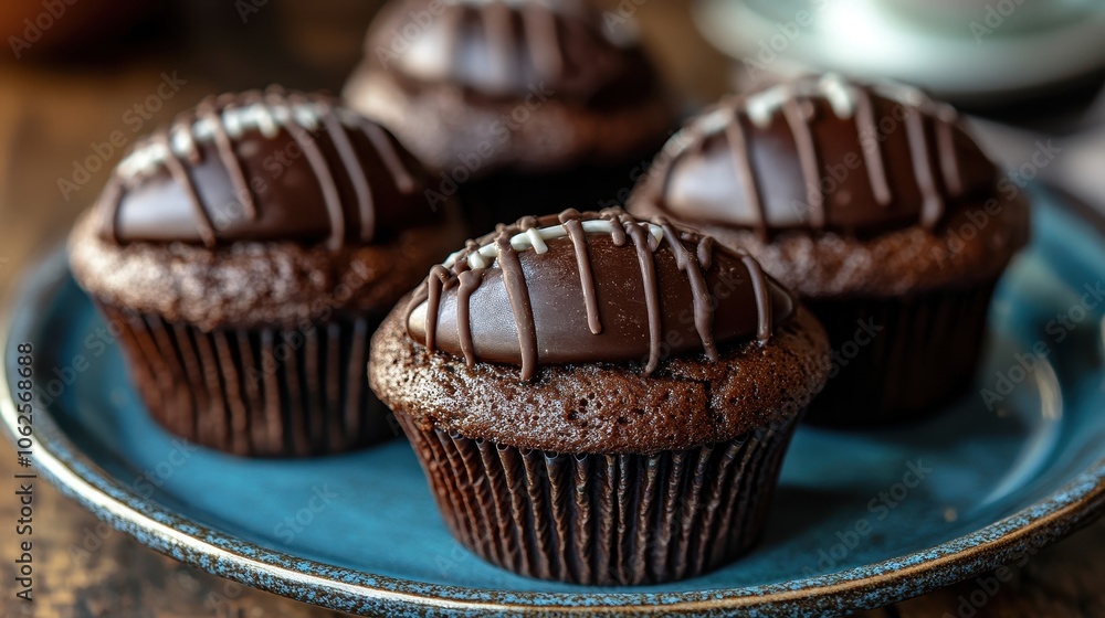 Four chocolate football-shaped muffins on a blue plate. Four chocolate football-shaped muffins on a blue plate.